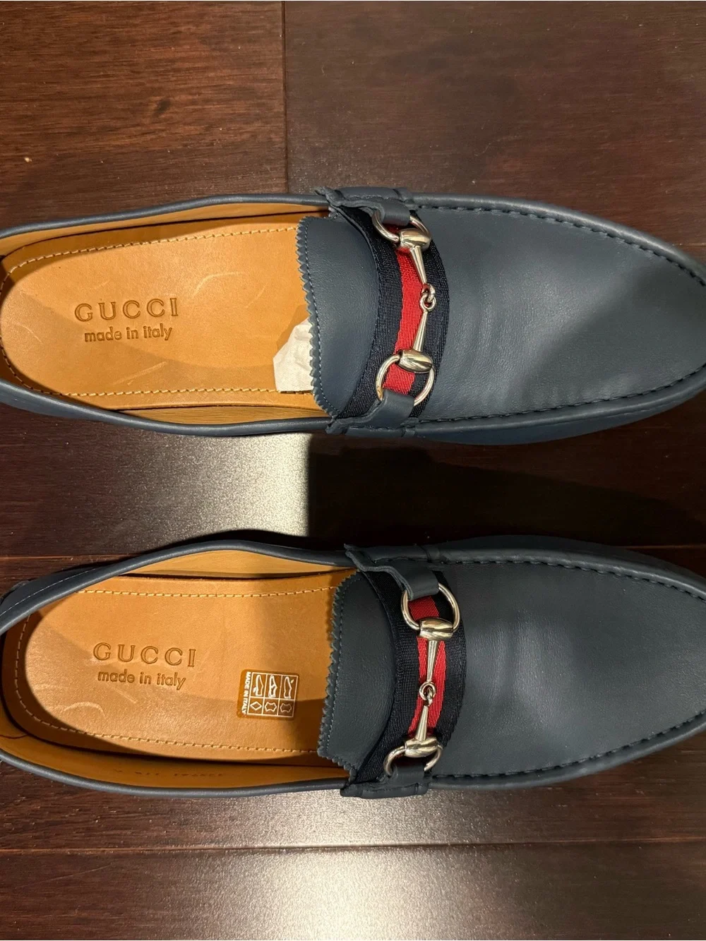 Gucci Navy Leather Horsebit Driving Loafers with Red and Black Web